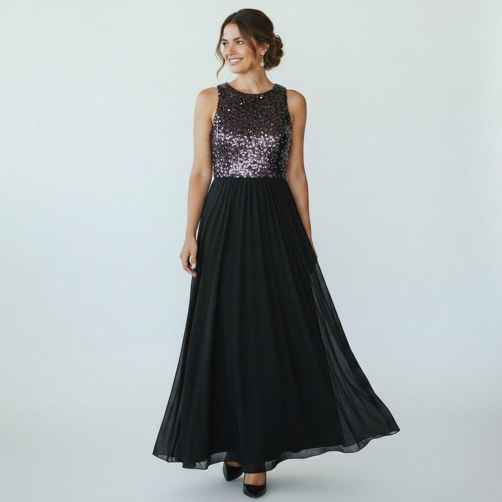 Badgley Mischka Collection Black Silver Sequin Pleated Chiffon Pant Gown 14
